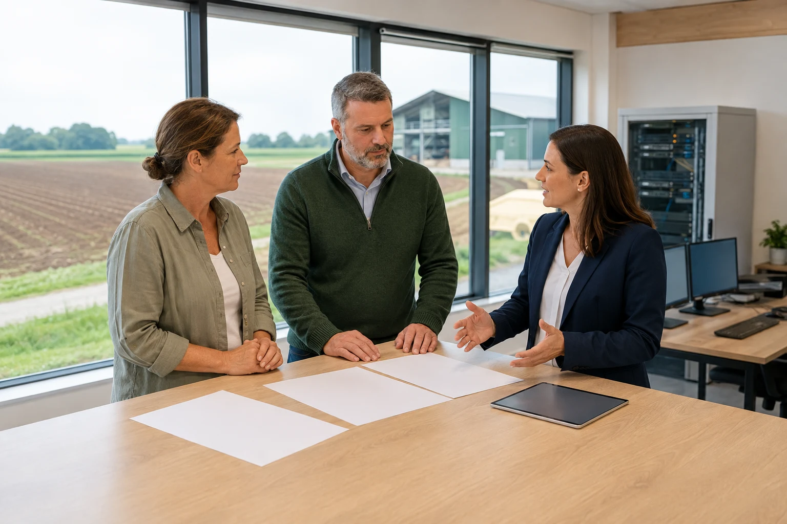Gesellschafter besprechen die Übergabe eines Agrarsoftware-Unternehmens