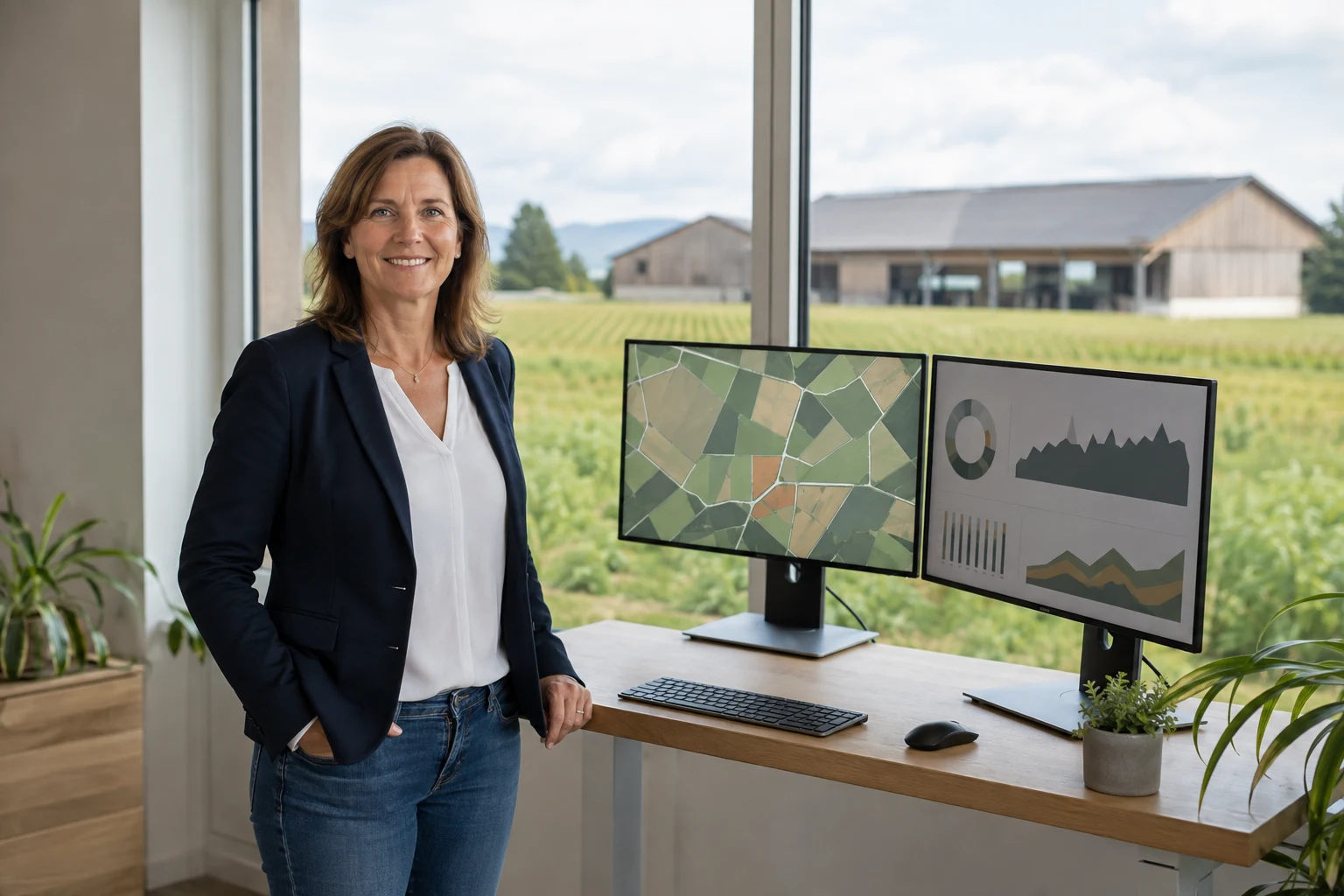 Gründerin in einem Agrarsoftware-Unternehmen mit Blick auf landwirtschaftliche Flächen